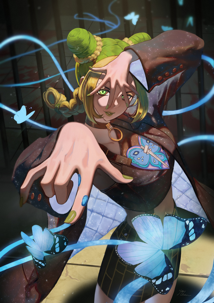 1girl absurdres blonde_hair blood braid breasts bug butterfly double_bun green_eyes green_hair green_lips green_nails highres jojo_no_kimyou_na_bouken jojo_pose kujo_jolyne long_sleeves multicolored_hair nail_polish pose prison_cell solo standing stone_ocean two-tone_hair yanchen