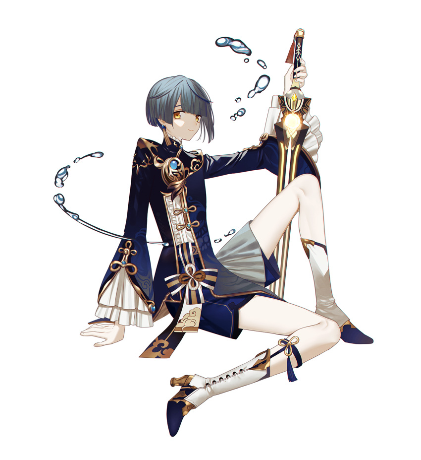 1boy bangs blue_hair blue_shorts boots chinikuniku earrings frilled_sleeves frills full_body genshin_impact highres holding holding_sword holding_weapon jewelry knee_boots looking_at_viewer male_focus shorts single_earring smile solo sword tassel tassel_earrings weapon xingqiu_(genshin_impact) yellow_eyes