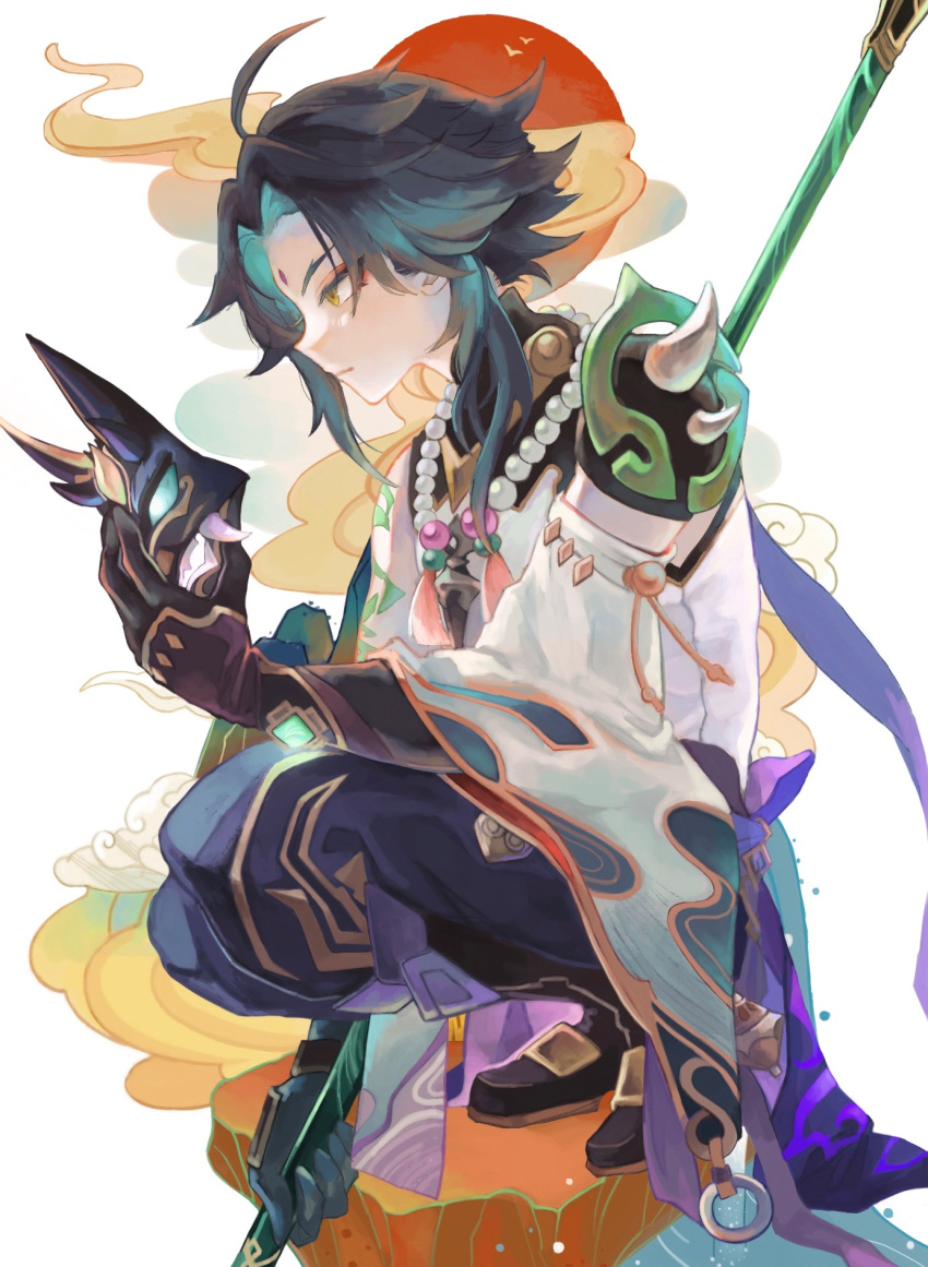 1boy ahoge aqua_hair arm_tattoo bead_necklace beads black_hair closed_mouth commentary_request eyeshadow facial_mark forehead_mark from_side full_body genshin_impact gloves gradient_hair highres holding holding_mask holding_polearm holding_weapon jewelry makeup male_focus mask multicolored_hair mumu_vosp necklace polearm red_eyeshadow solo spikes squatting tattoo vision_(genshin_impact) weapon xiao_(genshin_impact) yellow_eyes