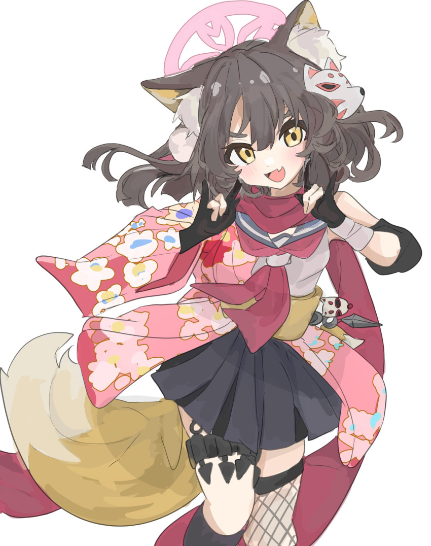 1girl animal_ear_fluff animal_ears animal_hair_ornament bangs black_gloves black_skirt blue_archive blue_sailor_collar brown_hair detached_sleeves fang feet_out_of_frame fishnet_legwear fishnets floral_print fox_ears fox_shadow_puppet fox_tail gloves halo highres izuna_(blue_archive) japanese_clothes kunai leg_strap looking_at_viewer n_omi neckerchief open_mouth partially_fingerless_gloves pink_neckerchief pink_scarf sailor_collar scarf simple_background single_thighhigh skin_fang skirt solo tail thigh-highs weapon white_background white_serafuku yellow_eyes