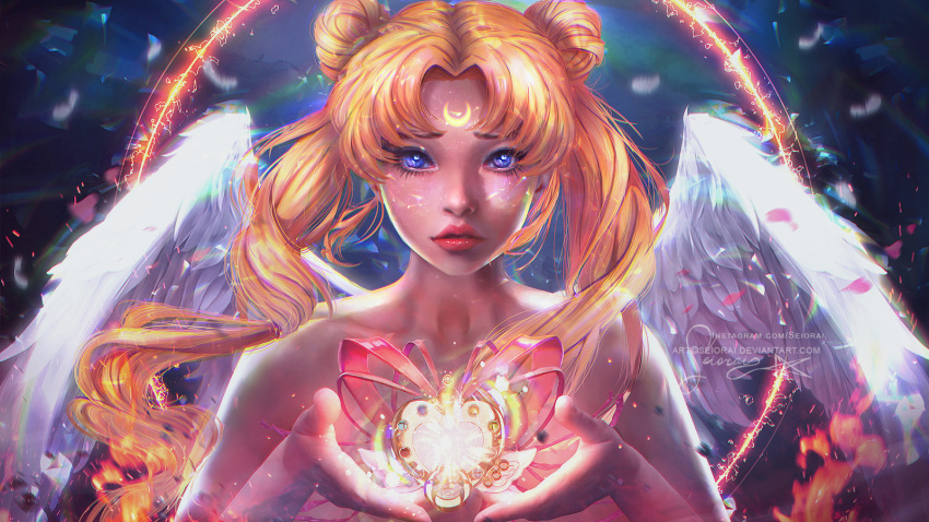 1girl alice_catrinel angel_wings artist_name bishoujo_senshi_sailor_moon blonde_hair blue_eyes commentary crescent_moon deviantart_username english_commentary feathered_wings glowing highres instagram_username long_hair looking_at_viewer moon sailor_moon signature sparkle tagme tsukino_usagi twintails upper_body web_address wings