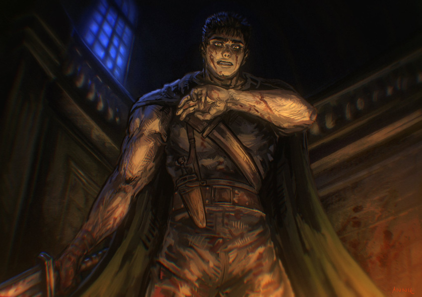 1boy anniechromes bangs belt berserk black_cloak black_eyes black_hair black_pants blood blood_on_clothes blood_on_face blood_splatter cloak dagger guts_(berserk) highres holding holding_sword holding_weapon indoors knife looking_at_viewer male_focus pants parted_lips sheath sheathed short_hair sleeveless solo sword weapon window