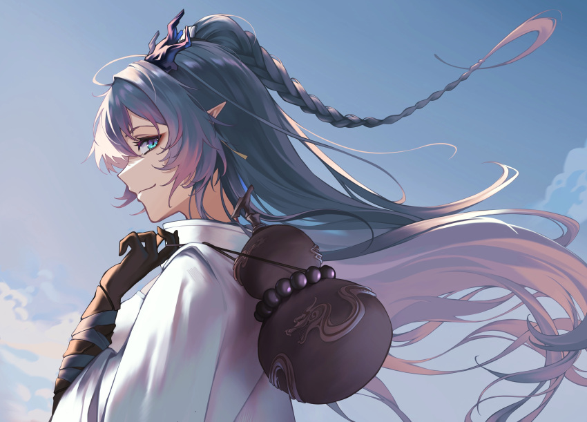 1girl absurdres arknights black_gloves blue_eyes blue_hair blue_sky braid breasts carrying_over_shoulder closed_mouth coat day dragon_horns elbow_gloves floating_hair from_side gloves gourd gradient_hair highres horns large_breasts ling_(arknights) looking_at_viewer looking_to_the_side multicolored_hair outdoors pointy_ears profile purple_hair sideways_glance sky smile solo umie1717 upper_body white_coat wind