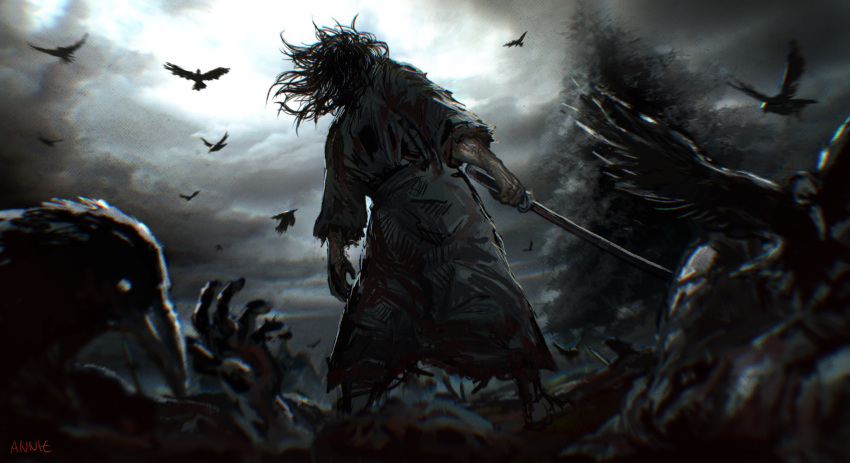 1boy animal anniechromes bird black_hair blood blood_on_clothes corpse crow day facing_away full_body grey_kimono highres holding holding_sword holding_weapon japanese_clothes katana kimono long_hair male_focus miyamoto_musashi_(vagabond) outdoors solo standing sword torn_clothes tree vagabond weapon