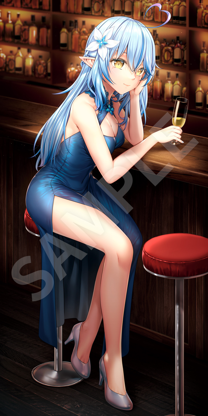 1girl absurdres ahoge alcohol bangs bare_arms bare_legs blue_dress blue_hair bottle breasts cleavage_cutout closed_mouth clothing_cutout commentary_request cup dress drinking_glass elf flower full_body grey_footwear hair_between_eyes hair_flower hair_ornament hand_on_own_cheek hand_on_own_face head_rest heart_ahoge high_heels highres holding holding_cup hololive jakelian long_hair medium_breasts multicolored_hair pointy_ears sample_watermark side_slit sitting sleeveless sleeveless_dress smile solo stool streaked_hair virtual_youtuber watermark yukihana_lamy