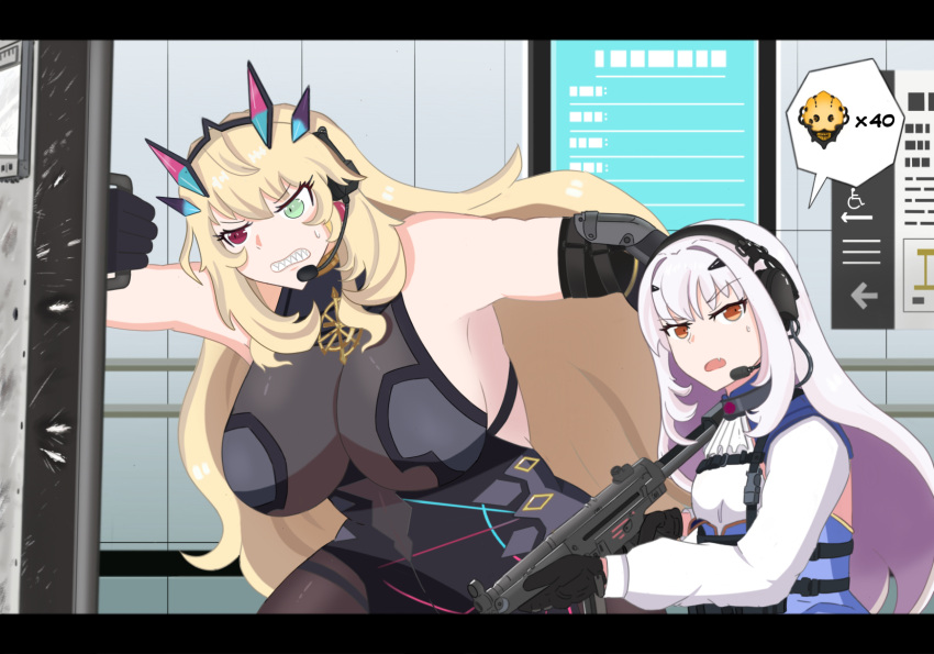 2girls black_dress black_gloves blonde_hair blue_eyes blue_skirt breasts brown_eyes dress earrings fairy_knight_gawain_(fate) fairy_knight_lancelot_(fate) fate/grand_order fate_(series) gauntlets gloves gun h&amp;k_mp5 headphones heterochromia highres jewelry large_breasts long_hair multiple_girls pink_hair raisa23 red_eyes shield skirt small_breasts submachine_gun weapon white_hair