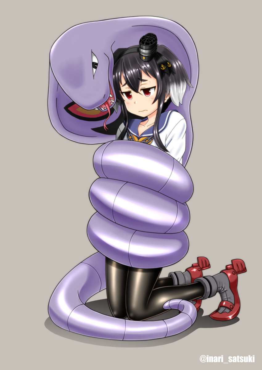 1girl anchor_symbol arbok bangs black_hair black_legwear blush bound chain closed_mouth commentary_request commission constriction crossover dress fangs gradient_hair grey_background hair_between_eyes highres kantai_collection kneeling multicolored_hair neckerchief pantyhose pokemon pokemon_(creature) red_eyes rudder_footwear sailor_collar sailor_dress satsuki_inari short_hair_with_long_locks simple_background skeb_commission tokitsukaze_(kancolle) tongue twitter_username white_dress white_hair yellow_neckerchief