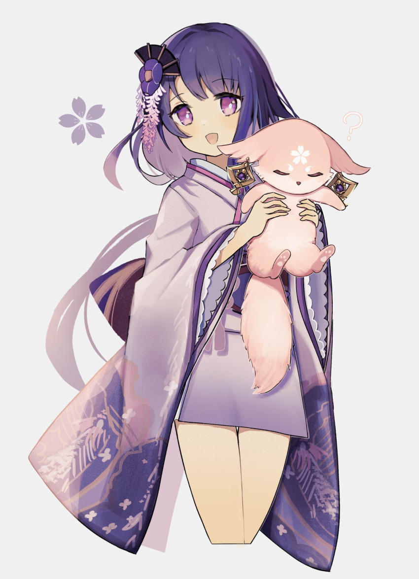 1225ka 1girl :d ? animal back_bow bow cherry_blossom_print cropped_legs earrings fan_hair_ornament floral_print flower fox genshin_impact hair_flower hair_ornament highres holding holding_animal japanese_clothes jewelry kimono lace-trimmed_sleeves lace_trim long_sleeves makoto_(genshin_impact) obi purple_background purple_flower purple_hair purple_kimono purple_sash purple_theme sash short_kimono simple_background smile violet_eyes white_kimono wide_sleeves wisteria yae_miko yae_miko_(fox)
