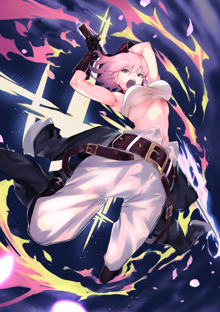 1girl absurdres alchemy_stars armpits arms_up bandages bandeau bangs bare_arms belt black_belt black_footwear black_gloves boots breasts chest_sarashi commentary_request gloves highres hiiro_(alchemy_stars) holding holding_sword holding_weapon katana large_breasts looking_at_viewer midriff open_mouth pants pink_hair sarashi short_hair solo stomach strapless sword tube_top violet_eyes weapon white_pants yukiya725