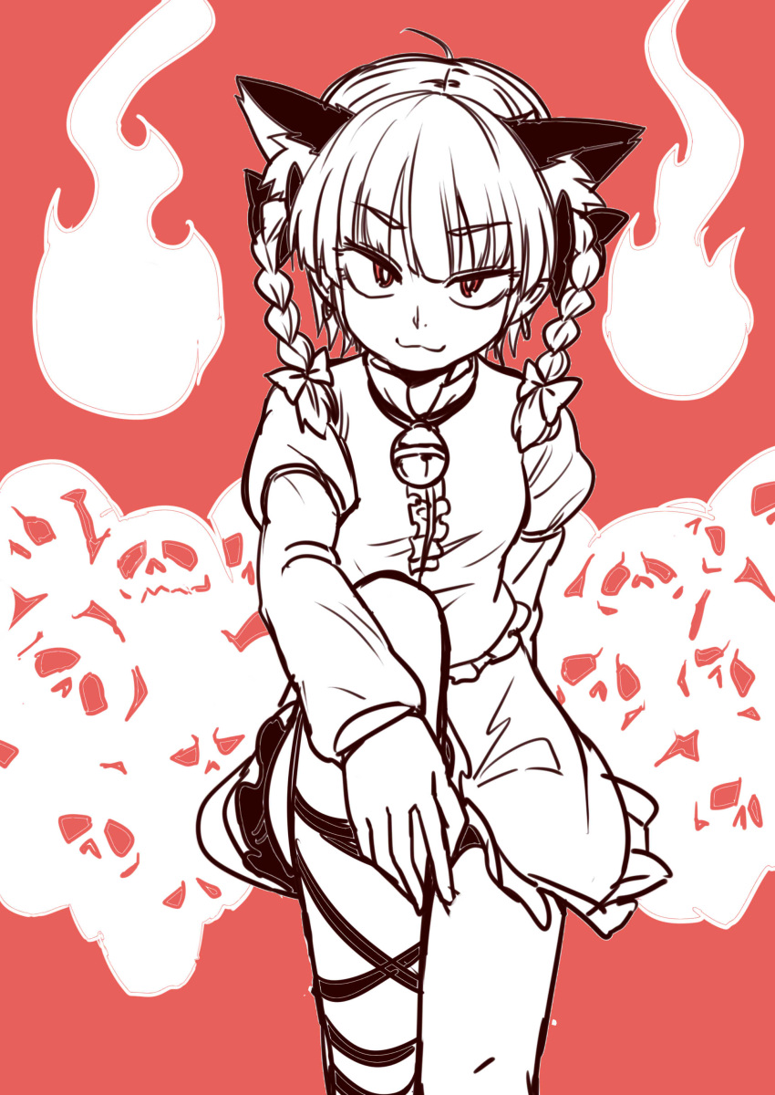 1girl :3 absurdres ahoge animal_ear_fluff animal_ears arm_rest bangs bell black_ribbon blunt_bangs bow braid bright_pupils cat_ears closed_mouth cowboy_shot dress eyebrows_visible_through_hair feet_out_of_frame fire flame hair_bow hair_ribbon highres hitodama jingle_bell juliet_sleeves kaenbyou_rin knee_up leg_ribbon long_sleeves looking_at_viewer monochrome one-hour_drawing_challenge oninamako puffy_sleeves red_theme ribbon shirt sitting skirt skull smile solo touhou tress_ribbon tsurime twin_braids twintails v-shaped_eyebrows white_pupils