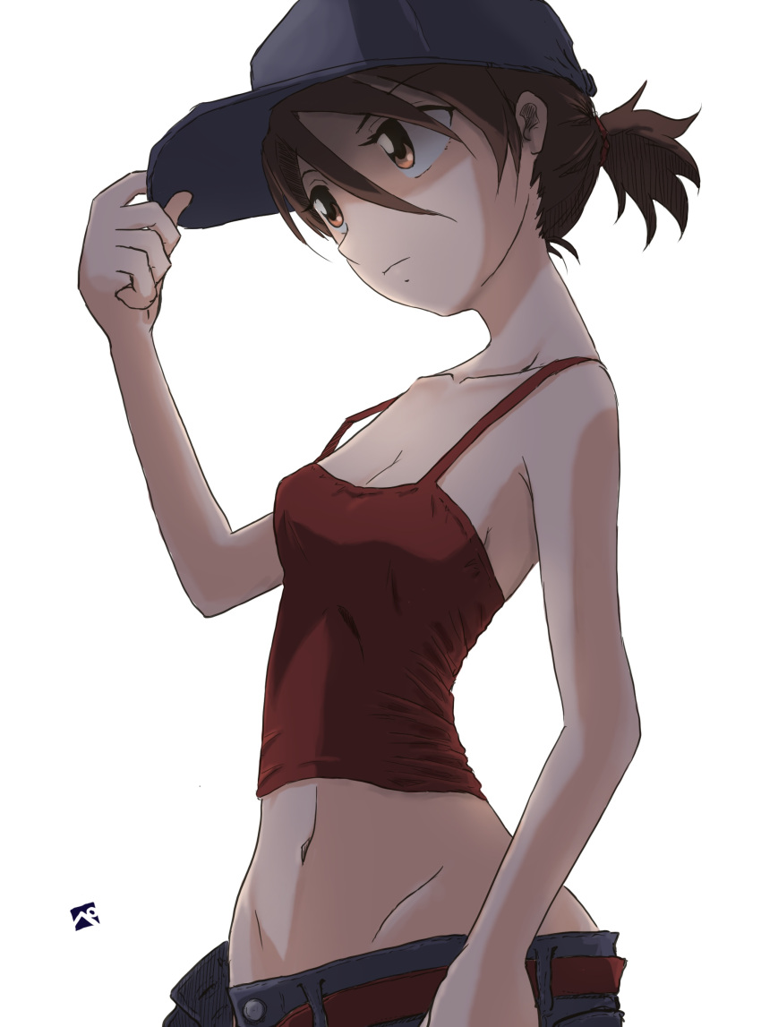 1girl absurdres adjusting_clothes adjusting_headwear artist_logo bangs baseball_cap blue_headwear breasts brown_eyes brown_hair camisole casual closed_mouth commentary girls_und_panzer groin hair_tie hat highres kainushi kawanishi_shinobu light_frown looking_to_the_side midriff navel open_fly red_shirt shirt short_hair short_ponytail simple_background small_breasts solo standing upper_body white_background