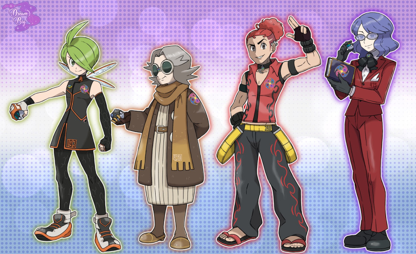 1girl 3boys aaron_(pokemon) bare_shoulders bertha_(pokemon) black_gloves black_hair blue_eyes blue_hair book choker detached_sleeves dreambig fingerless_gloves flint_(pokemon) formal full_body glasses gloves green_hair grey_hair highres holding long_hair long_sleeves lucian_(pokemon) multiple_boys old old_woman pokemon pokemon_(game) pokemon_dppt ponytail redhead sandals short_hair single_fingerless_glove smile standing suit