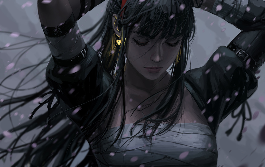 1girl arms_up bangs black_hair black_sleeves closed_eyes closed_mouth collarbone commentary detached_sleeves earrings english_commentary guweiz highres jewelry long_hair motion_blur original petals puffy_short_sleeves puffy_sleeves sarashi short_sleeves solo upper_body