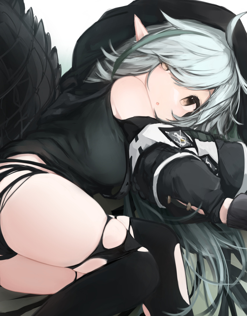 1girl :o absurdres ahoge arknights ass bare_shoulders black_gloves black_legwear blush breasts brown_eyes crocodilian_tail detached_sleeves feet_out_of_frame gloves hair_over_one_eye highres large_breasts large_tail long_hair long_sleeves looking_at_viewer lying on_side parted_lips pointy_ears scales silver_hair simple_background skindentation solo tail teruriu thigh-highs thighs tomimi_(arknights) torn_clothes torn_legwear very_long_hair white_background