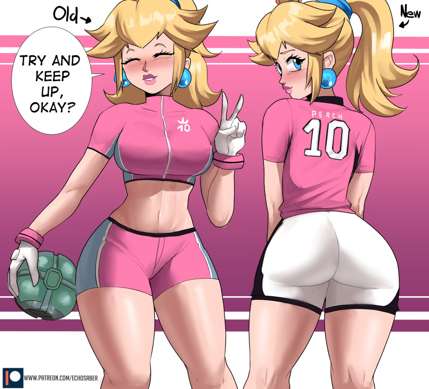 1girl absurdres ass ass_focus ball blonde_hair blue_eyes breasts crop_top crown earrings echo_saber from_behind gloves highres jewelry long_hair looking_at_viewer looking_back mario_strikers:_battle_league mario_strikers_charged midriff navel ponytail princess_peach shorts soccer soccer_ball solo super_mario_bros. thighs