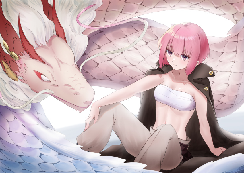 1girl absurdres alchemy_stars bandages bandeau bangs bare_arms chest_sarashi chiise coat coat_on_shoulders dragon eastern_dragon grey_pants highres hiiro_(alchemy_stars) looking_at_viewer midriff pants pink_hair sarashi short_hair sitting smile solo stomach strapless tube_top violet_eyes white_background