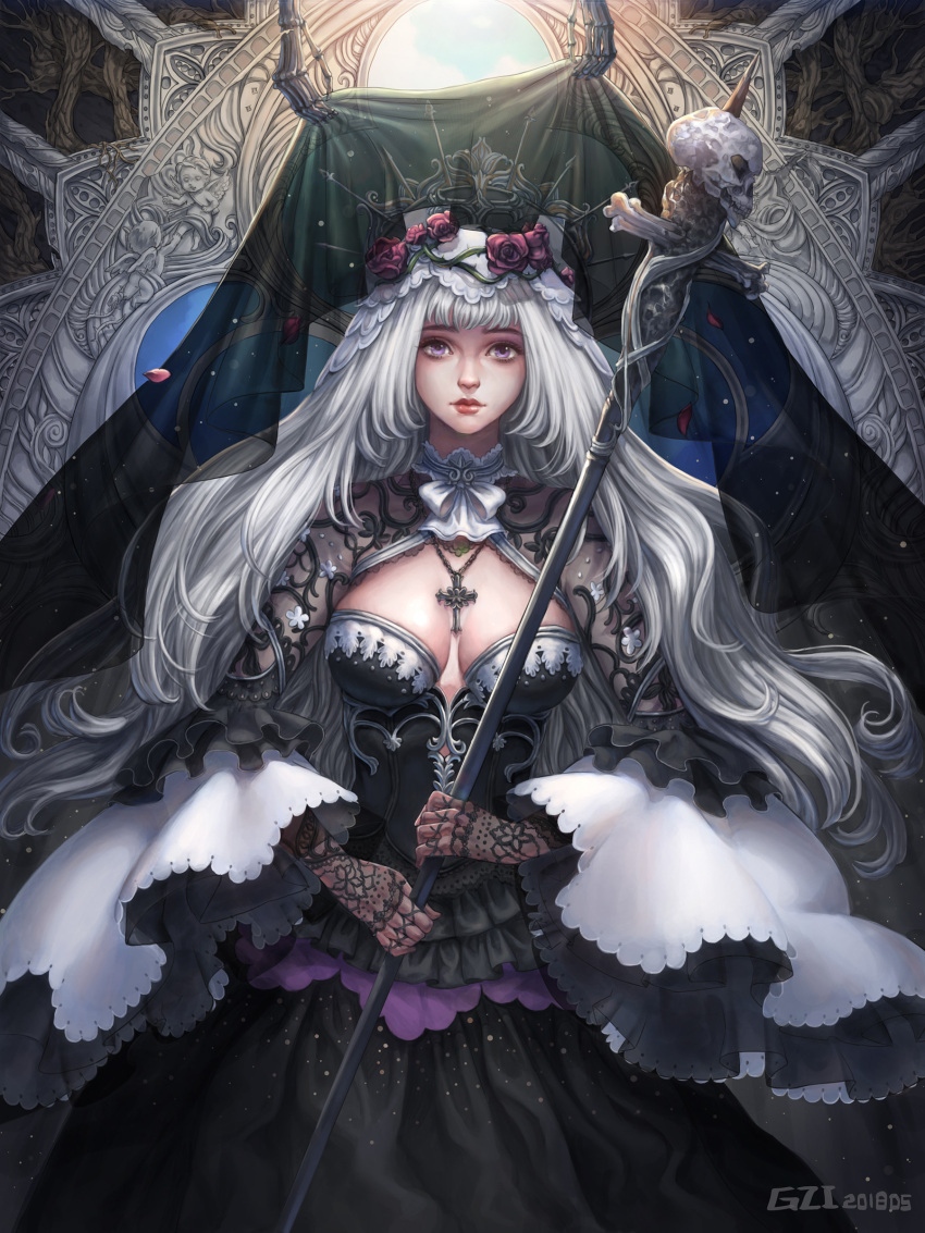 1girl absurdres artist_name bangs black_dress black_gloves bow bowtie breasts copyright_request cowboy_shot cross dated dress gloves gothic_lolita grey_eyes grey_hair gzi_(shiba-ko) highres holding holding_staff lace-trimmed_dress lace_trim large_breasts layered_dress lolita_fashion long_hair long_sleeves looking_at_viewer skull solo staff veil white_bow white_bowtie wide_sleeves