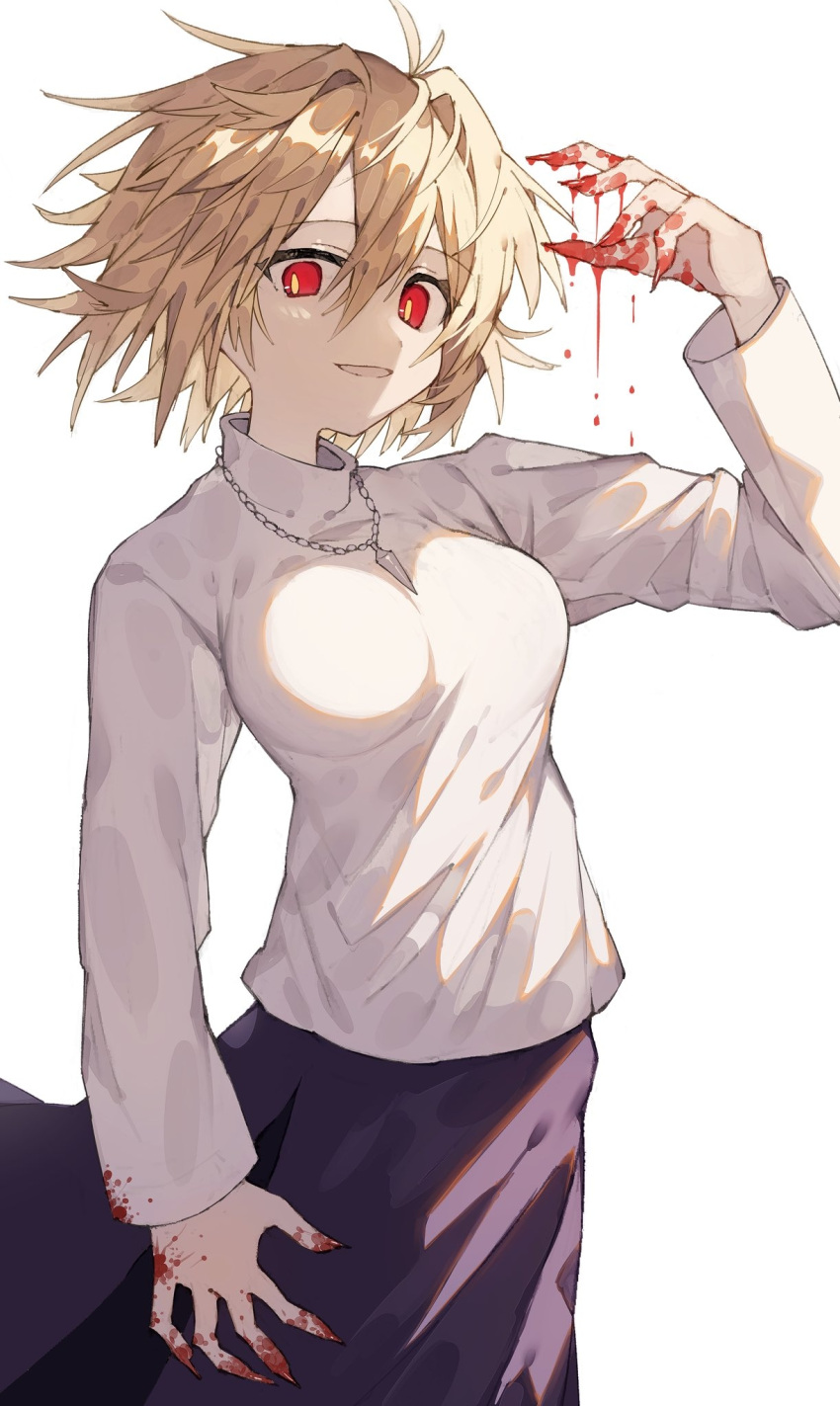 1girl ahoge arcueid_brunestud bangs blonde_hair blood blood_drip blood_on_fingers blood_on_hands breasts commentary cowboy_shot deep_(deep4946) eyebrows eyebrows_visible_through_hair eyes face fingers hand_up highres jewelry long_sleeves looking_at_viewer medium_breasts necklace open_mouth purple_skirt red_eyes shirt short_hair simple_background skirt slit_pupils smile solo spread_fingers sweater tsukihime turtleneck white_background white_shirt yellow_pupils