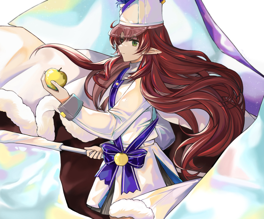 1girl apple arknights bangs blue_bow bow chinese_commentary closed_mouth commentary_request cowboy_shot dress eyebrows_behind_hair flag food fruit golden_apple green_eyes highres holding holding_flag holding_food holding_fruit long_hair myrtle_(arknights) myrtle_(light_gold_celebration)_(arknights) official_alternate_costume pointy_ears redhead smile solo tamashii-s very_long_hair white_dress white_headwear