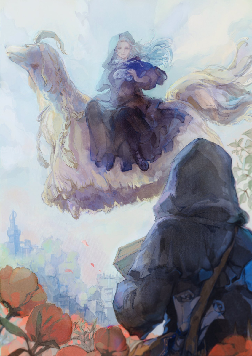 1girl 1other ambiguous_gender argos_(ff14) black_robe building clouds commentary crate dog facing_away final_fantasy final_fantasy_xiv flower flying grey_eyes highres holding hood hood_up hooded_robe long_hair mask mask_removed outdoors red_flower riding silver_hair sky taroumarimo3 venat_(ff14)