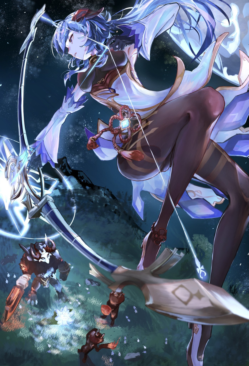1girl ahoge aiming armpits arrow_(projectile) axe battle black_bodysuit black_gloves bodysuit bow_(weapon) breasts commentary detached_sleeves dress flower flower_knot full_body ganyu_(genshin_impact) genshin_impact gloves glowing glowing_weapon goat_horns gold_trim grass highres hilichurl_(genshin_impact) holding holding_axe holding_bow_(weapon) holding_torch holding_weapon horns ken_shiro light_blue_hair long_hair medium_breasts midair night night_sky outdoors parted_lips pelvic_curtain rope shoes sky solo_focus star_(sky) starry_sky torch violet_eyes vision_(genshin_impact) weapon white_dress white_footwear