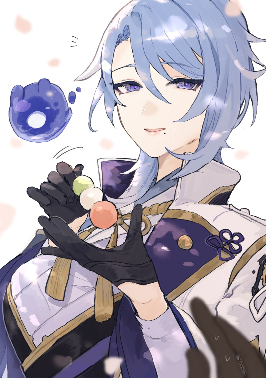 1girl absurdres bangs black_gloves blue_eyes blue_hair blurry blurry_foreground breasts dango food genderswap genderswap_(mtf) genshin_impact gloves hair_between_eyes highres holding holding_food kamisato_ayato looking_at_viewer mole mole_under_mouth notice_lines parted_lips petals sanshoku_dango seelie_(genshin_impact) simple_background solo solo_focus sweat tabibitowayo tassel upper_body wagashi white_background