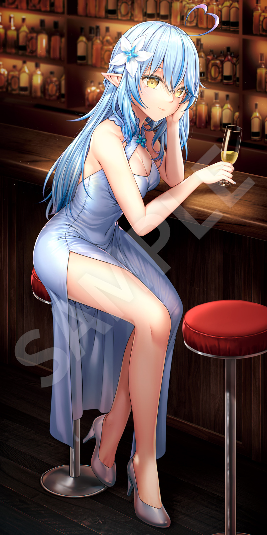 1girl absurdres ahoge alcohol bangs bare_arms bare_legs blue_hair bottle breasts cleavage_cutout closed_mouth clothing_cutout commentary_request cup dress drinking_glass elf flower full_body grey_dress grey_footwear hair_between_eyes hair_flower hair_ornament hand_on_own_cheek hand_on_own_face head_rest heart_ahoge high_heels highres holding holding_cup hololive jakelian long_hair medium_breasts multicolored_hair pointy_ears sample_watermark side_slit sitting sleeveless sleeveless_dress smile solo stool streaked_hair virtual_youtuber watermark yukihana_lamy
