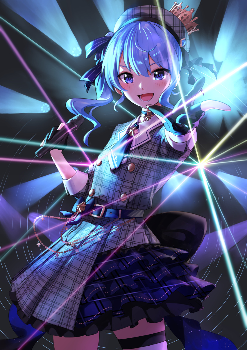 1girl :d absurdres ascot bangs belt black_gloves blue_belt blue_eyes blue_hair blue_ribbon blush commentary_request dress eyebrows_visible_through_hair gloves grey_dress grey_headwear hair_ribbon highres holding holding_microphone hololive hoshimachi_suisei long_hair long_sleeves looking_at_viewer microphone nemoto_yuuma outstretched_arm partially_fingerless_gloves plaid plaid_dress plaid_headwear ribbon side_ponytail smile solo thigh_strap virtual_youtuber yellow_ascot