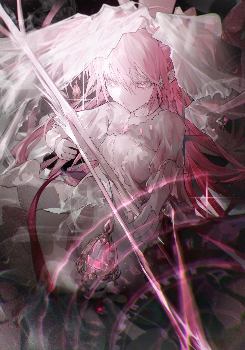 1girl absurdres bow_(weapon) chromatic_aberration clock colored_eyelashes crying crying_with_eyes_open dress duunn film_grain gloves goddess_madoka highres holding holding_bow_(weapon) holding_weapon kaname_madoka light_particles long_hair mahou_shoujo_madoka_magica pink_eyes pink_hair pink_theme solo soul_gem tears veil weapon white_dress white_gloves