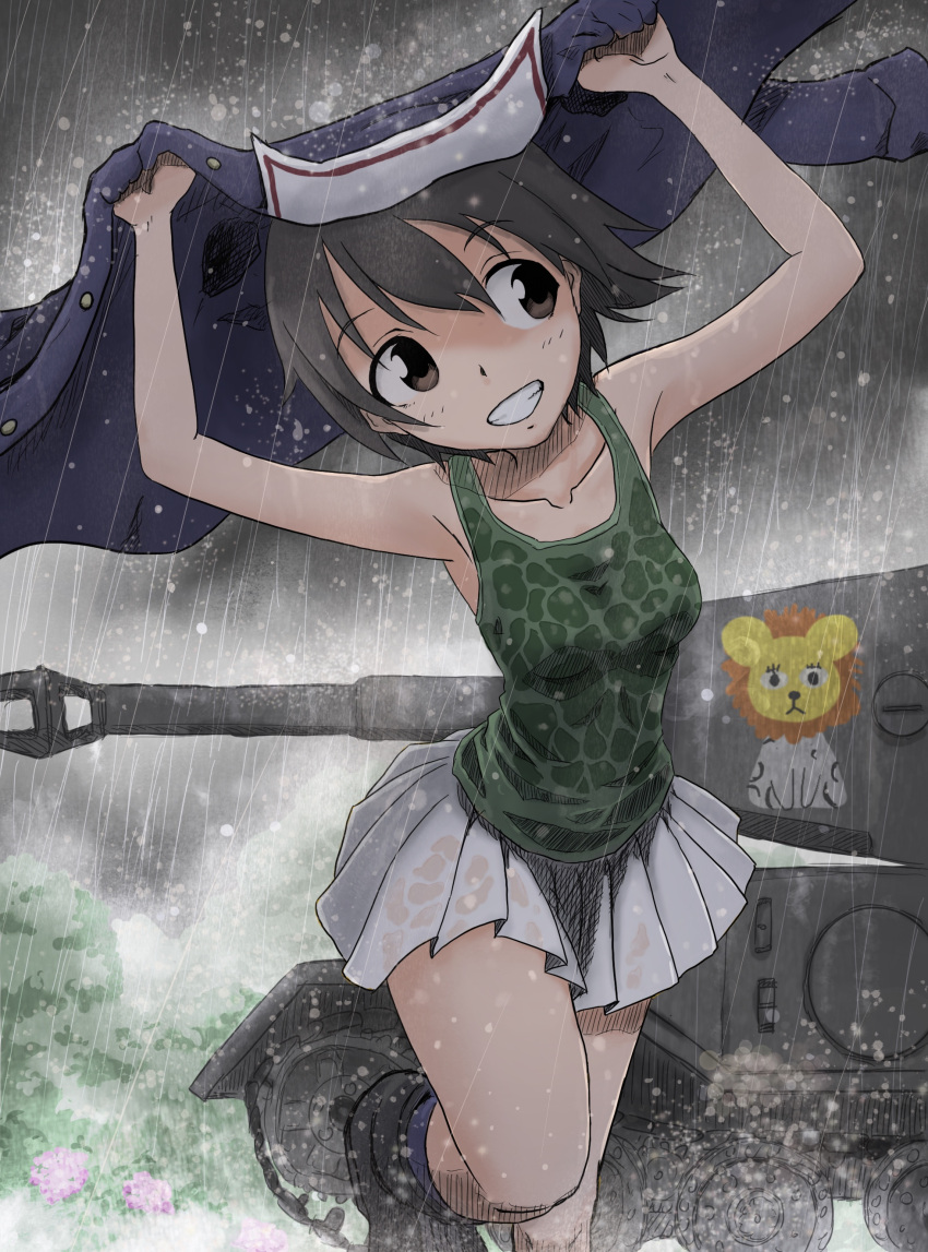 1girl absurdres arms_up bangs black_footwear black_legwear blue_jacket boots brown_eyes brown_hair commentary covering emblem girls_und_panzer green_shirt grey_sky grin ground_vehicle highres jacket jacket_removed kainushi leg_up leopon_(animal) long_sleeves looking_to_the_side military military_uniform military_vehicle miniskirt motor_vehicle nakajima_(girls_und_panzer) ooarai_military_uniform outdoors overcast pleated_skirt rain running see-through shirt short_hair skirt smile socks solo standing standing_on_one_leg tank tank_top tiger_(p) uniform wet wet_clothes wet_shirt wet_skirt white_skirt
