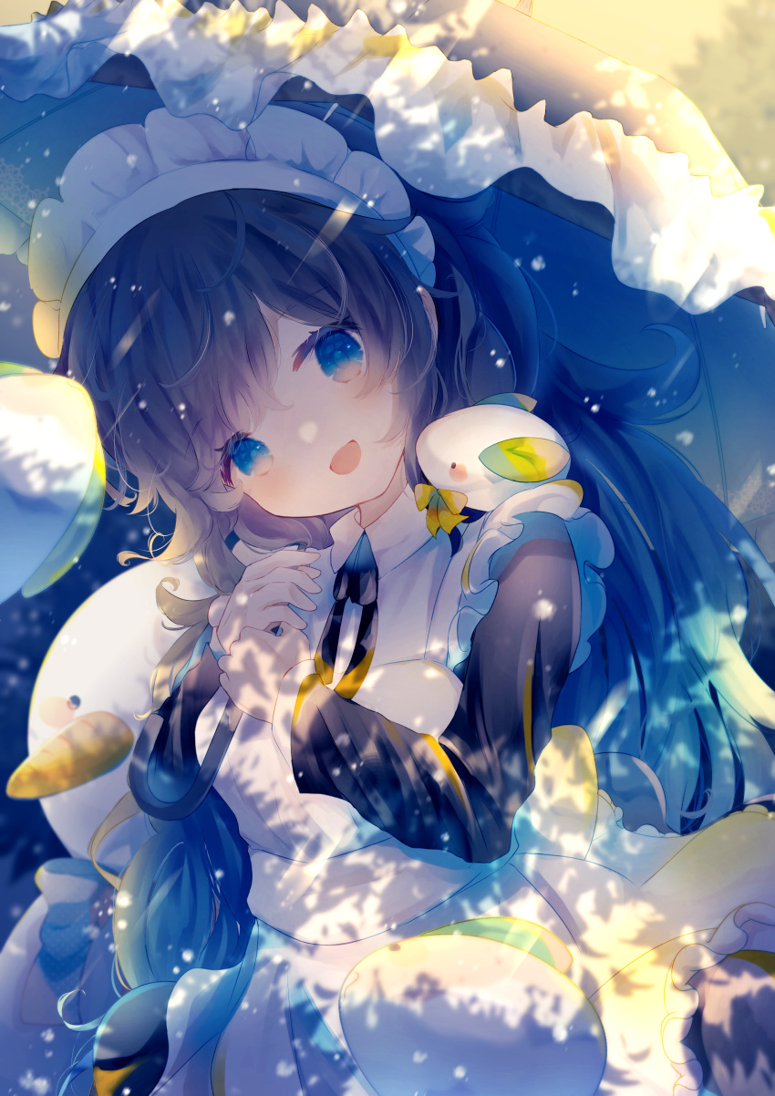 1girl absurdres animal animal_on_shoulder apron bangs black_dress black_hair blue_eyes blue_hair blue_umbrella commentary_request dappled_sunlight dress frilled_apron frilled_umbrella frills fuyuzuki_gato gradient_hair highres holding holding_umbrella long_hair looking_at_viewer maid maid_headdress multicolored_hair no_nose open_mouth original sidelocks smile snow_bunny sunlight umbrella upper_body white_apron