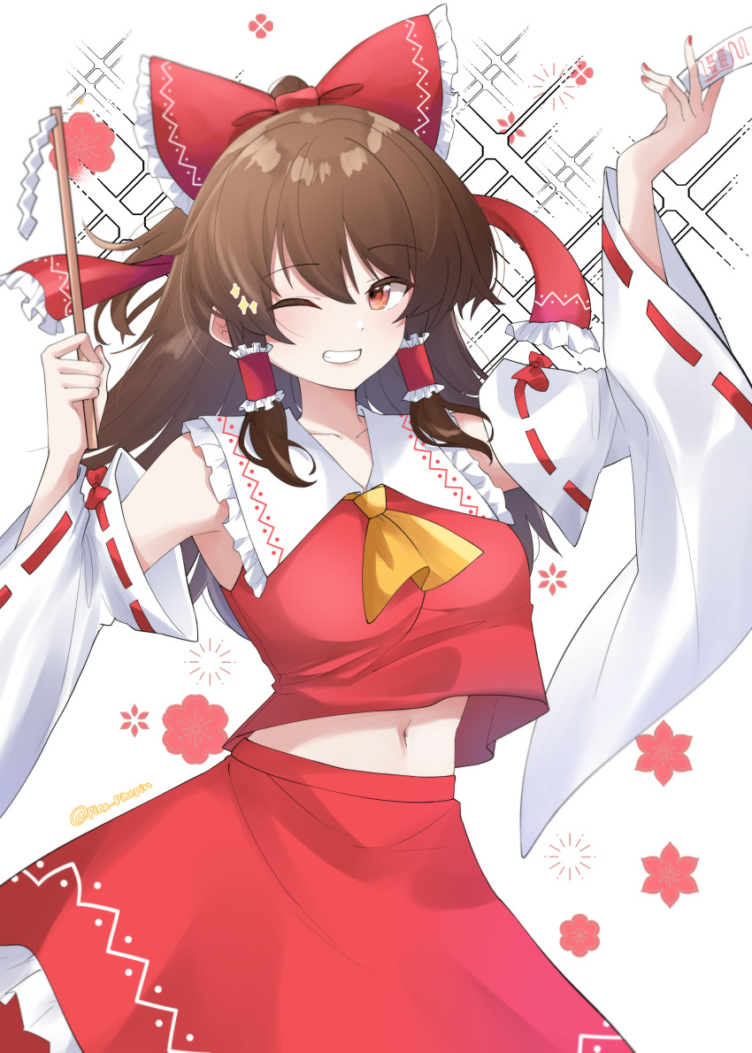 1girl absurdres arm_up ascot bangs bare_shoulders bow brown_eyes brown_hair commentary cowboy_shot detached_sleeves eyebrows_visible_through_hair frilled_bow frills gohei grin hair_bow hakurei_reimu hand_up highres holding long_hair long_sleeves looking_at_viewer midriff navel ofuda one_eye_closed pinnn red_bow red_shirt red_skirt shirt simple_background skirt skirt_set smile solo symbol-only_commentary touhou white_background wide_sleeves yellow_ascot