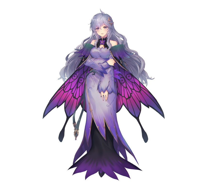 1girl absurdres alternate_costume bangs bare_shoulders breasts cape deirdre_(fire_emblem) detached_collar dress fire_emblem fire_emblem:_genealogy_of_the_holy_war fire_emblem_heroes full_body gradient gradient_clothes hair_ornament highres long_dress medium_breasts official_art oukawa_yuu purple_dress purple_hair shiny shiny_hair simple_background violet_eyes white_background
