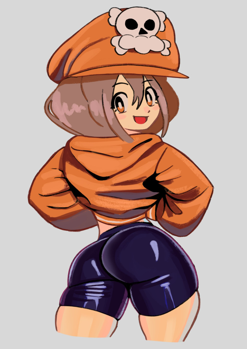 1girl :d ass bangs bike_shorts blush bright_pupils brown_eyes brown_hair cabbie_hat commentary from_behind grey_background guilty_gear hair_between_eyes hat highres hood hood_down hoodie looking_at_viewer looking_back may_(guilty_gear) open_mouth orange_hoodie shiny shiny_clothes short_hair simple_background skull_and_crossbones smile solo xeno_(xenoglitch)