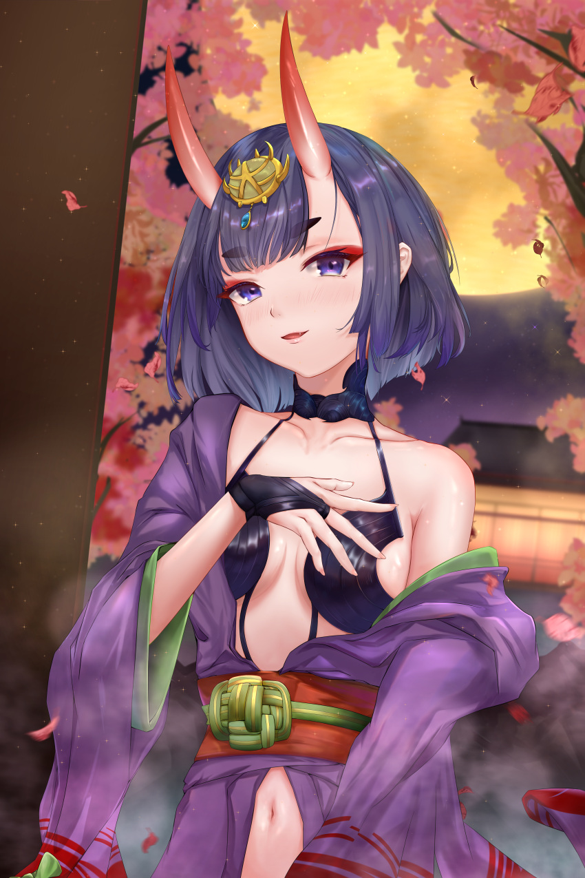 1girl absurdres bangs bare_shoulders blush bob_cut breasts bridal_gauntlets collarbone eyeliner fate/grand_order fate_(series) headpiece highres horns japanese_clothes kimono long_sleeves looking_at_viewer makeup navel obi oni oni_horns parted_lips purple_hair purple_kimono reashes_(xjfly_j) revealing_clothes revision sash short_hair shuten_douji_(fate) skin-covered_horns small_breasts smile solo violet_eyes wide_sleeves