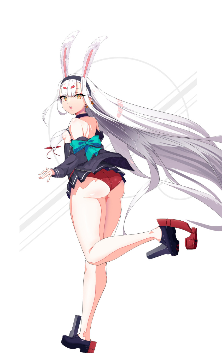 1girl absurdres animal_ears ass azur_lane bangs bare_shoulders bow breast_curtains breasts commentary full_body goldsaw hairband highres leg_up lips long_hair long_sleeves looking_at_viewer looking_back off_shoulder open_mouth panties pleated_skirt rabbit_ears red_panties shimakaze_(azur_lane) shiny shiny_clothes shiny_skin sideboob simple_background skirt small_breasts solo thighs underwear white_background white_hair yellow_eyes
