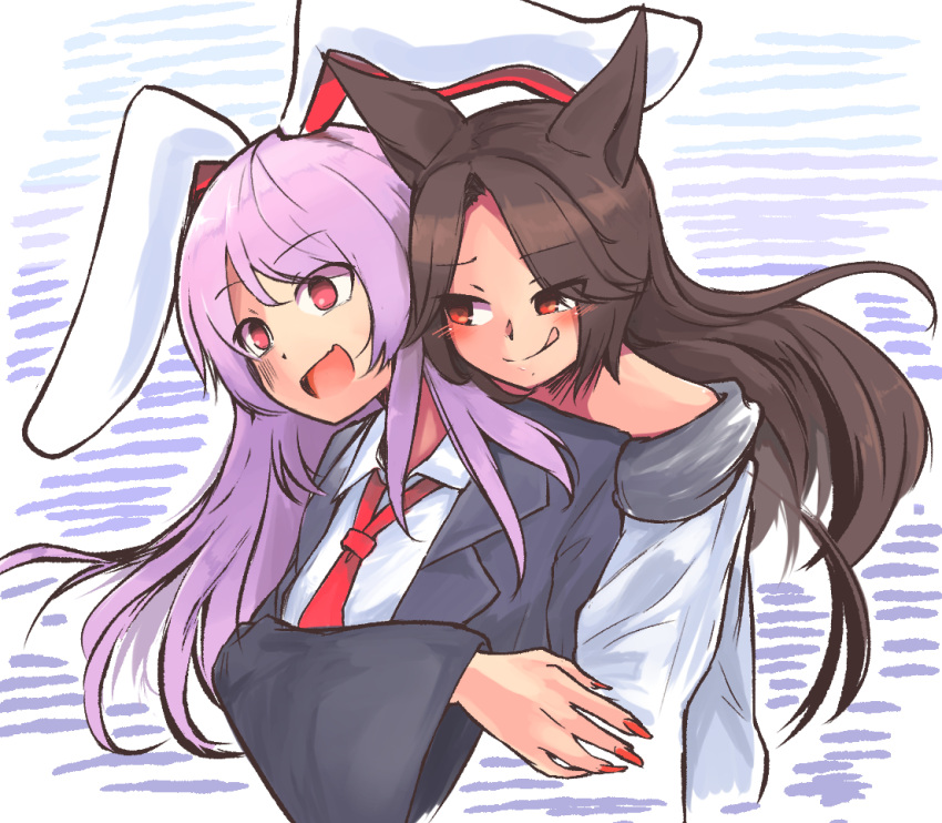 2girls animal_ears blazer blouse blush brown_hair collared_blouse dress eyebrows_visible_through_hair eyelashes eyes_visible_through_hair fingernails ginnkei hug hug_from_behind imaizumi_kagerou jacket licking_lips light_purple_hair long_fingernails long_hair long_sleeves looking_at_another multiple_girls necktie off-shoulder_dress off_shoulder open_mouth rabbit_ears red_eyes red_nails red_neckwear reisen_udongein_inaba smile tongue tongue_out touhou turn_pale white_blouse white_dress wide_sleeves wolf_ears you_gonna_get_raped yuri