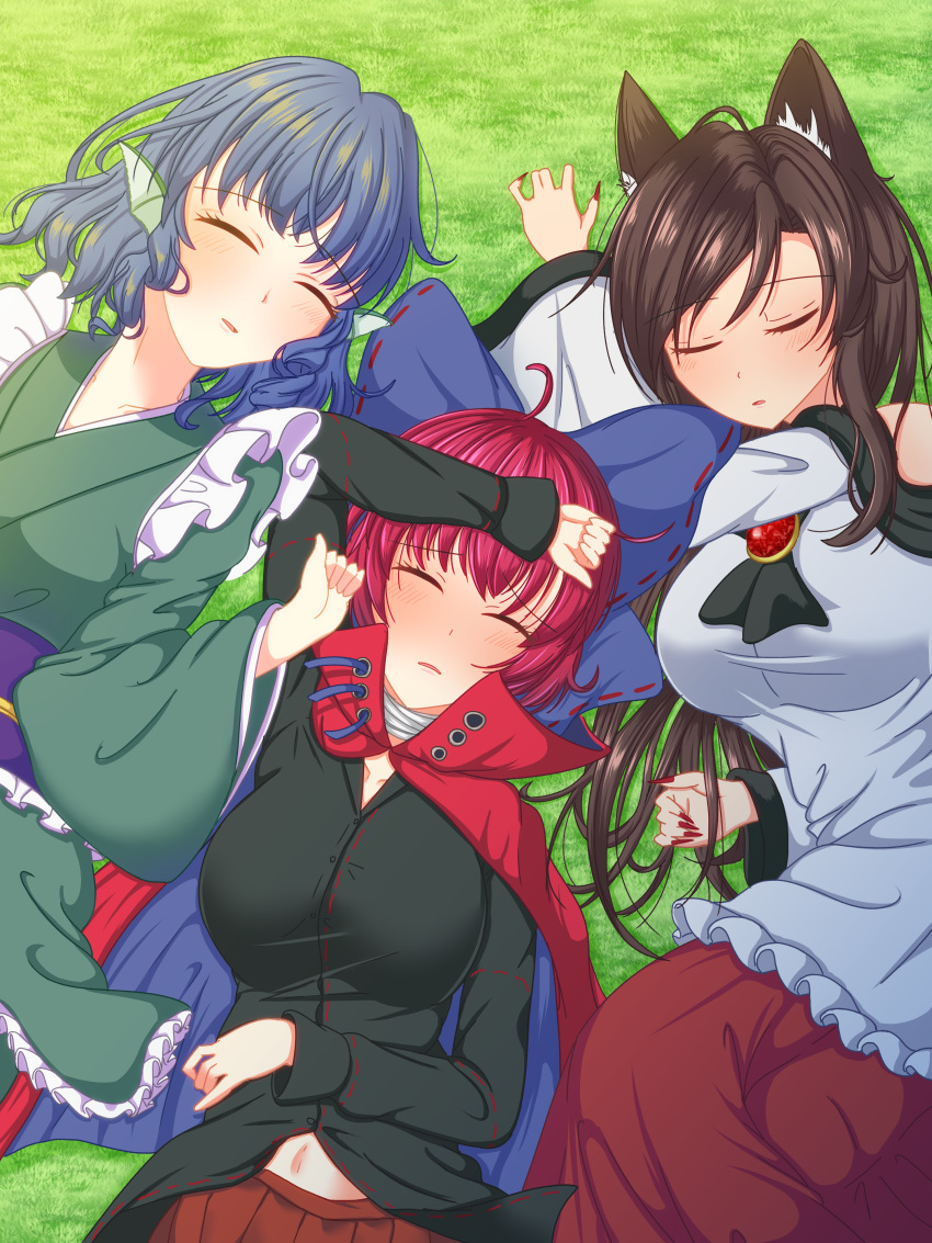 3girls absurdres animal_ear_fluff animal_ears baketsumuri bandages black_shirt blue_bow blue_hair bow breasts brooch brown_hair cloak closed_eyes dress drill_hair drill_locks fingernails frilled_kimono frills grass grass_root_youkai_network green_kimono hair_bow head_fins highres imaizumi_kagerou japanese_clothes jewelry kimono long_fingernails long_hair long_sleeves multiple_girls navel obi off-shoulder_dress off_shoulder purple_sash red_cloak red_nails red_skirt redhead sash sekibanki sekibanki_day shirt short_hair skirt sleeping touhou wakasagihime white_dress wolf_ears