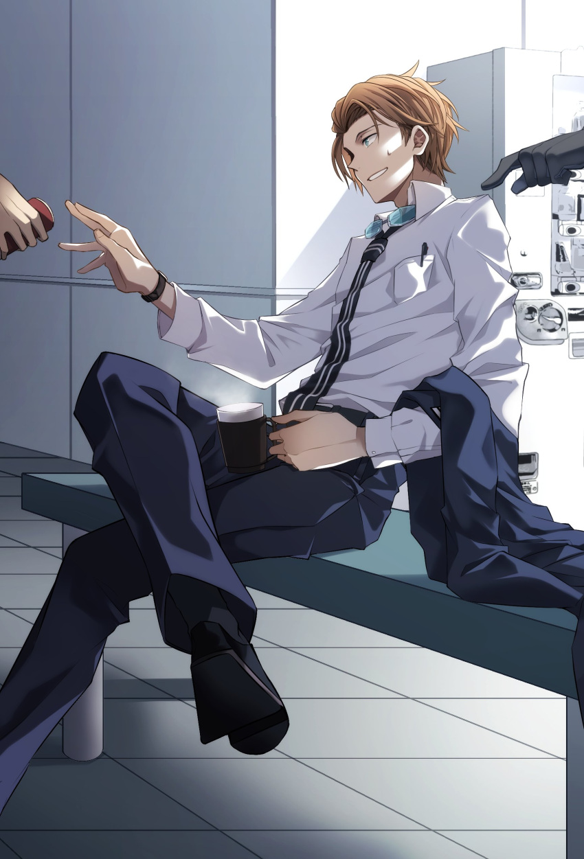 1boy 2others absurdres bench black_footwear black_gloves black_necktie blue_eyes blue_jacket blue_pants brown_hair can collared_shirt cup dress_shirt gloves hand_up highres holding holding_can holding_cup jacket jin_yuuichi looking_away male_focus morita_yuu multiple_others necktie pants profile shirt shoes short_hair sitting smile solo_focus sweatdrop vending_machine watch watch white_shirt world_trigger