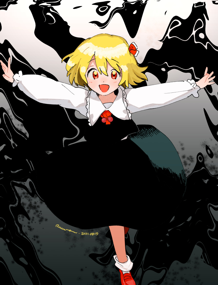 1girl :d absurdres ankle_socks ascot bangs black_skirt black_vest blending blonde_hair blush bob_cut collared_shirt commentary_request crosshatching darkness dated dot_nose eyebrows_visible_through_hair floating_hair frilled_shirt_collar frilled_sleeves frills full_body gradient gradient_background grey_background hair_between_eyes hair_ribbon hatching_(texture) highres leg_up linear_hatching loafers long_sleeves looking_at_viewer medium_skirt open_hands open_mouth outstretched_arms puffy_long_sleeves puffy_sleeves red_ascot red_eyes red_footwear red_ribbon ribbon rumia ruu_wan_mm shirt shoes short_hair signature skirt skirt_set smile socks solo spread_arms standing straight-on swept_bangs tareme touhou vest walking white_legwear white_shirt wing_collar