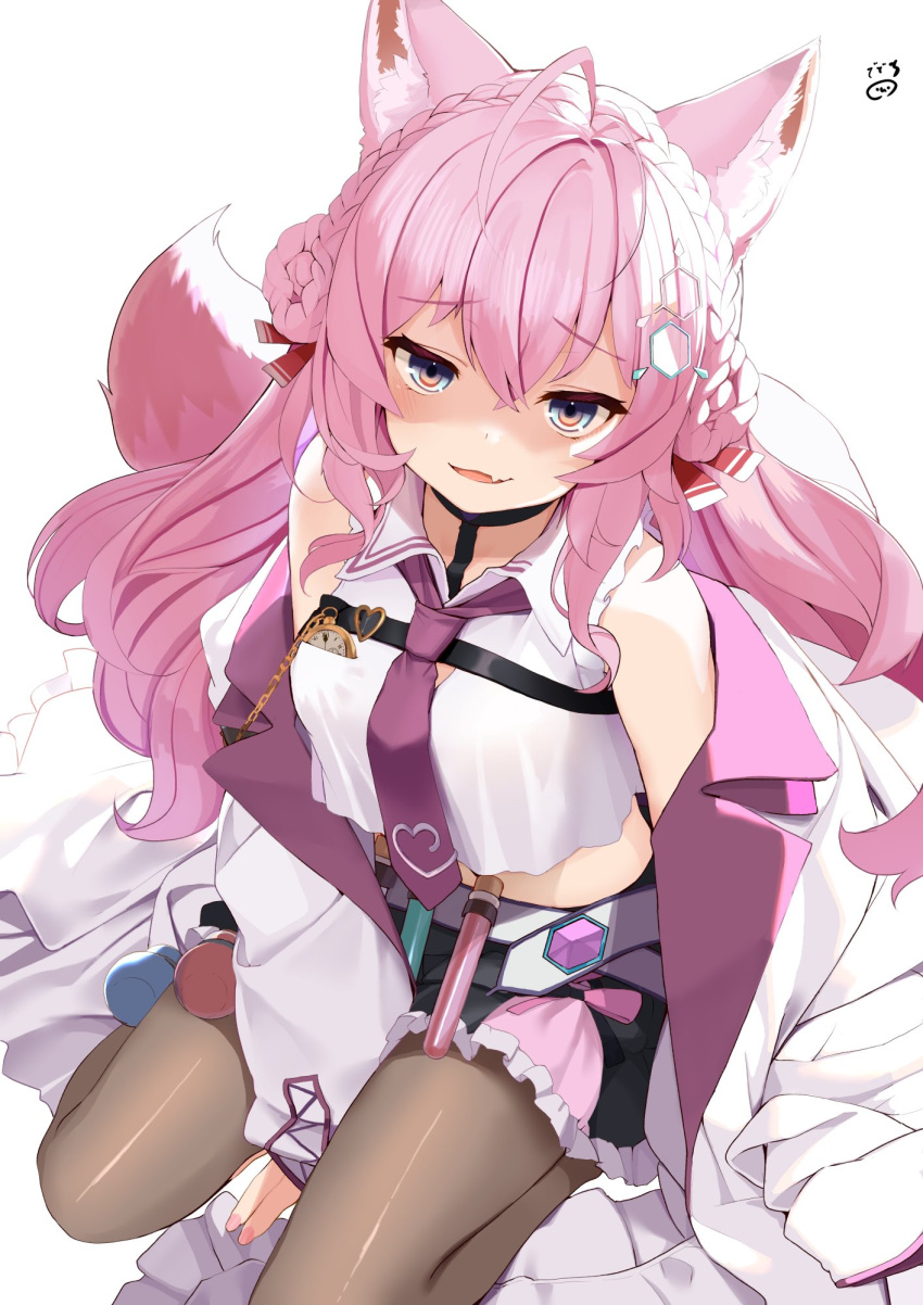 1girl animal_ear_fluff animal_ears black_skirt blue_eyes blush braid braided_bun chemical_structure coyote_girl coyote_tail crop_top crown_braid fang frilled_skirt frills glaring hair_between_eyes hair_ornament hakui_koyori highres hololive looking_at_viewer midriff necktie nejime orange_eyes pantyhose pink_hair pink_nails pocket_watch purple_necktie shaded_face simple_background sitting skin_fang skirt smug solo tail test_tube virtual_youtuber watch white_background