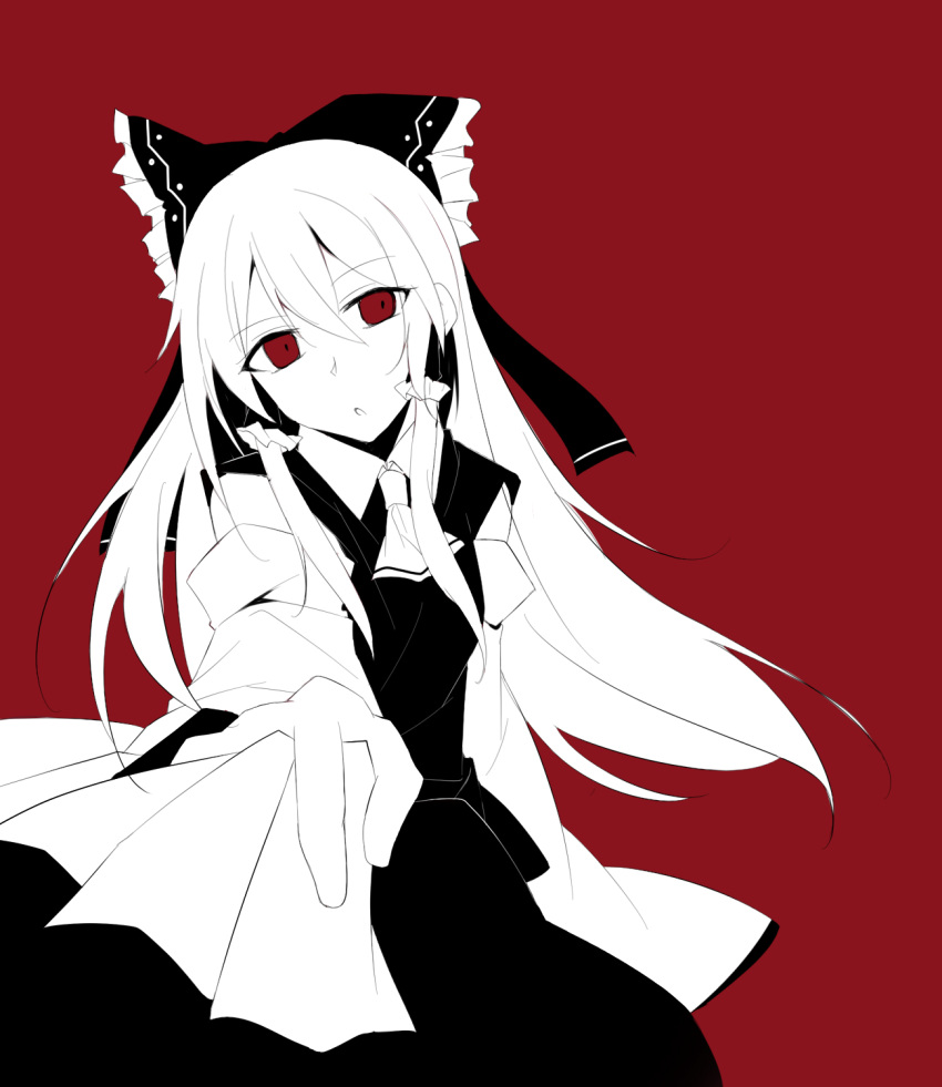 1girl alternate_color arm_up ascot bangs bare_shoulders black_bow black_dress bow breasts collared_dress detached_sleeves dress eyebrows_visible_through_hair eyes_visible_through_hair faech frills hair_between_eyes hakurei_reimu hand_up highres long_hair long_sleeves looking_at_viewer medium_breasts ofuda open_mouth red_background red_eyes simple_background solo standing touhou white_ascot white_hair wide_sleeves