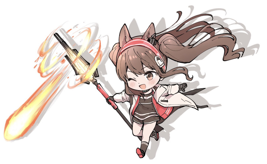 1girl angelina_(arknights) animal_ears arknights bangs black_gloves black_legwear blush brown_eyes brown_hair chibi coat fireball fox_ears fox_girl gloves hairband holding holding_staff infection_monitor_(arknights) kneehighs long_hair moboj13 one_eye_closed open_mouth red_hairband sidelocks simple_background solo staff twintails white_background white_coat