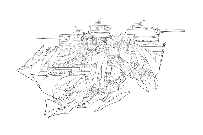 1girl absurdres artillery azur_lane breasts epaulettes full_body highres holding holding_sword holding_weapon horns lineart long_hair mechanical_animal medium_breasts nerone-claudius original personification prinz_rupprecht_(battlecruiser) rapier rigging simple_background sitting solo sword thigh-highs turret very_long_hair weapon white_background