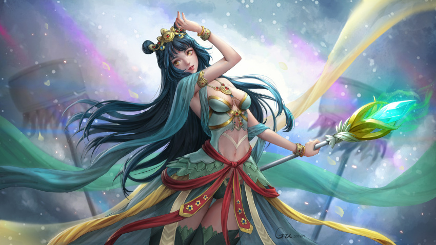 1girl absurdres arm_up artist_name bangs black_hair bracelet breasts brown_eyes character_request clothing_request concept_art dated double_bun gem green_scarf gzi_(shiba-ko) hair_ornament highres holding holding_staff honor_of_kings jewelry long_hair medium_breasts navel parted_lips scarf short_sleeves smile solo staff thigh-highs