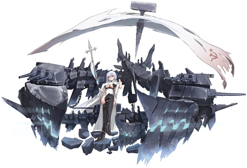 1girl absurdres artillery azur_lane battleship black_footwear black_gloves boots breasts coat cross-laced_footwear crossed_legs full_body gloves hair_between_eyes hammer_and_sickle high_heel_boots high_heels highres holding holding_polearm holding_weapon ice large_breasts looking_at_viewer military military_vehicle nerone-claudius northern_parliament_(emblem) original personification polearm red_eyes rigging ship simple_background solo spear thigh-highs thigh_boots turret under_boob vladivostok_(battleship) warship watercraft weapon white_background white_coat white_hair