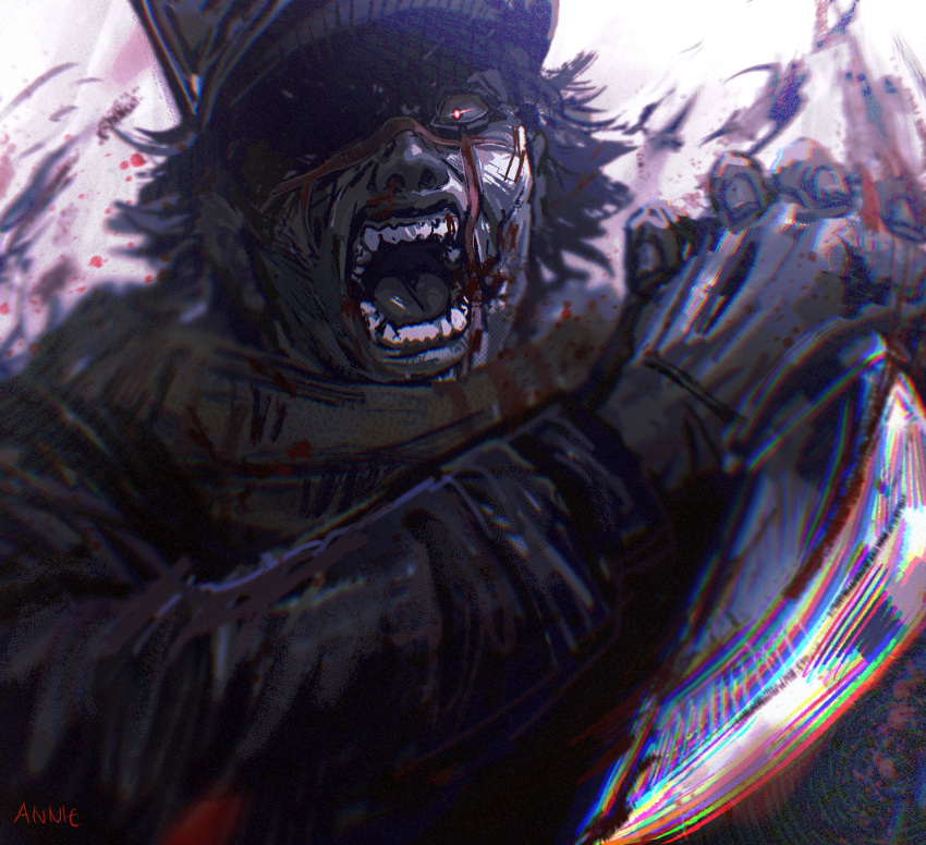 angry anniechromes blood blood_on_face glowing glowing_eye golden_kamuy hat highres holding holding_knife incoming_attack jacket knife long_sleeves military_hat open_mouth red_eyes reverse_grip scar scar_on_face scarf shaded_face sugimoto_saichi teeth white_background