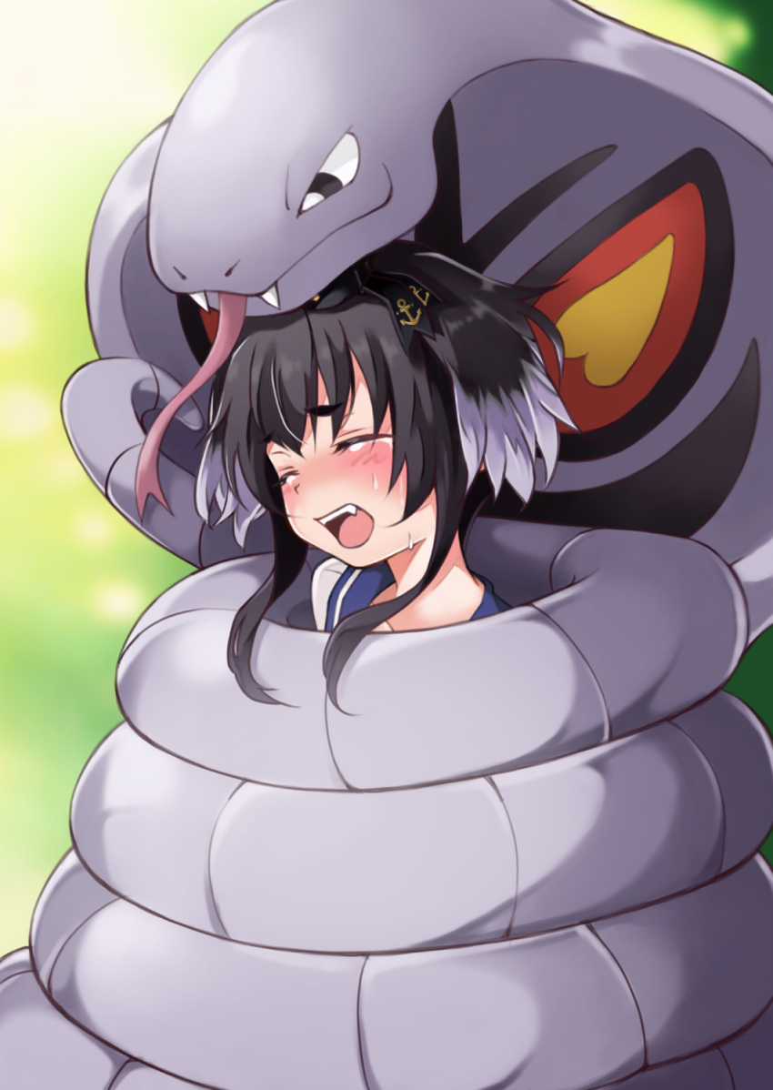 1girl anchor_symbol arbok bangs black_hair blue_sailor_collar blurry blurry_background blush bound closed_eyes commission constriction crossover fangs gradient_hair grey_hair highres kantai_collection mochi_(k620803n) multicolored_hair open_mouth pokemon pokemon_(creature) sailor_collar short_hair_with_long_locks skeb_commission sweat tears tokitsukaze_(kancolle) tongue
