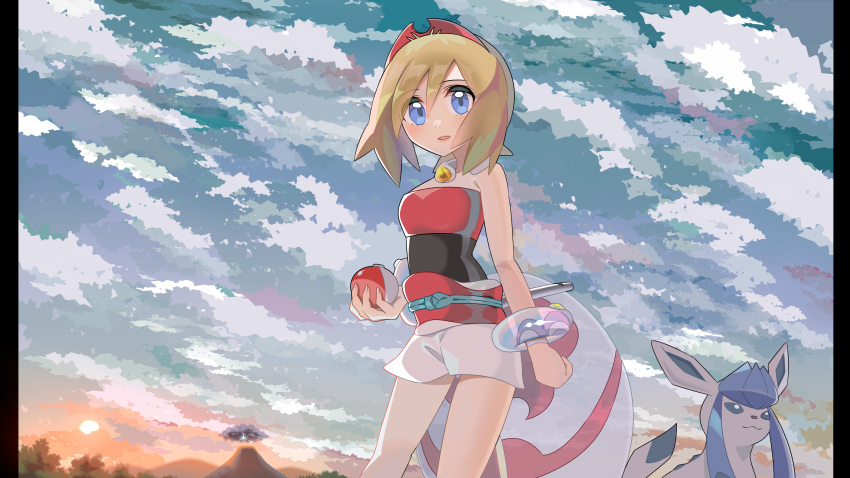 1girl absurdres ao_hito bangs blonde_hair blue_eyes blush bracelet clouds commentary_request flute from_below glaceon hair_between_eyes highres holding holding_poke_ball instrument irida_(pokemon) jewelry medium_hair mountain outdoors poke_ball pokemon pokemon_(creature) pokemon_(game) pokemon_legends:_arceus red_shirt sash shirt shorts sky strapless strapless_shirt sun waist_cape white_shorts