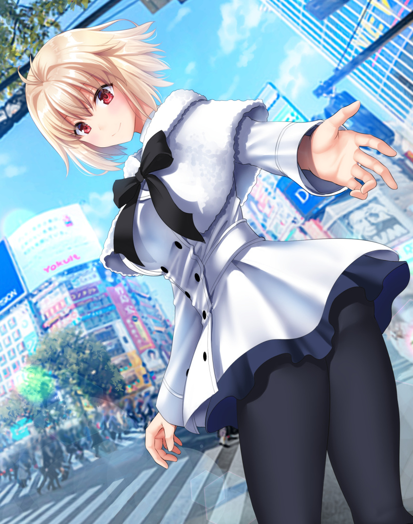 1girl arcueid_brunestud bangs black_legwear blonde_hair blue_sky blush breasts capelet cityscape dress highres large_breasts long_sleeves looking_at_viewer outstretched_arm pantyhose red_eyes short_hair sky smile solo thighs tsukihime white_capelet white_dress youshuu